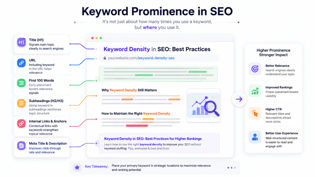 Keyword density in SEO: infographic showing strategic keyword placement in the title, URL, first 100 words, subheadings, internal links, and meta description to improve relevance, rankings, click-through rate, and user experience.