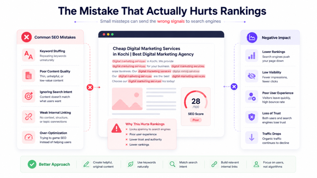 Keyword density in SEO: infographic showing how keyword stuffing, poor content quality, ignoring search intent, weak internal linking, and over-optimization can hurt rankings, visibility, user experience, trust, and organic traffic.